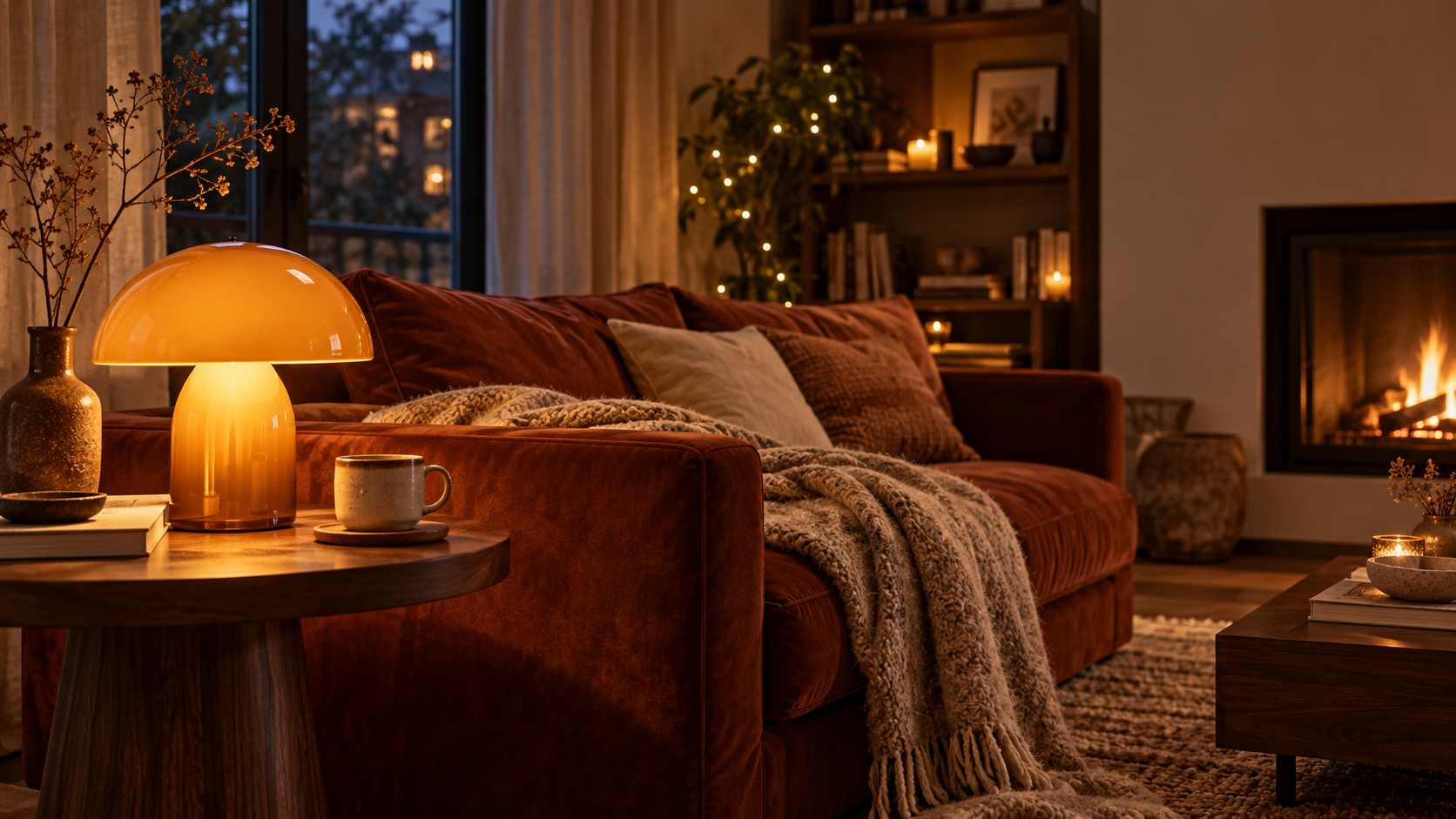 Een knusse woonkamer met warme verlichting, een zachte plaid en een comfortabele bank